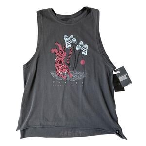 Hurley Tiger Tree Tank Top Women M Gray Biker Cottagecore Raw Hem Beach NWT